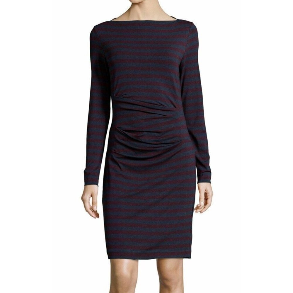Nwt Nicole Miller Artelier Quinn Bateau Neck Striped Tucked Jersey Dress M $265